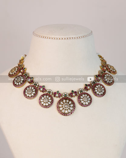 No Idol - Premium AD Ruby Kemp Design Necklace with Earring