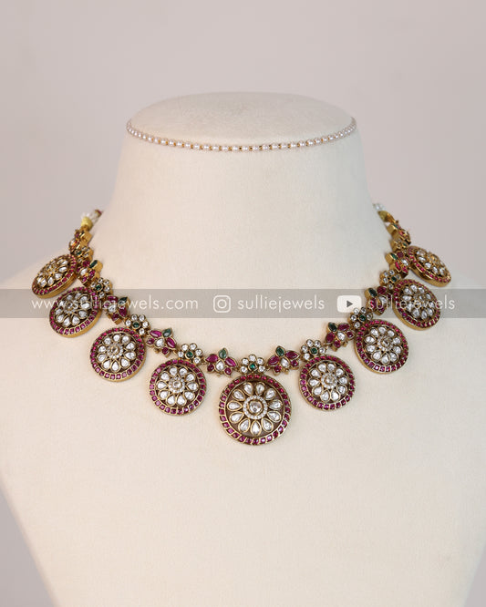 No Idol - Premium AD Ruby Kemp Design Necklace with Earring