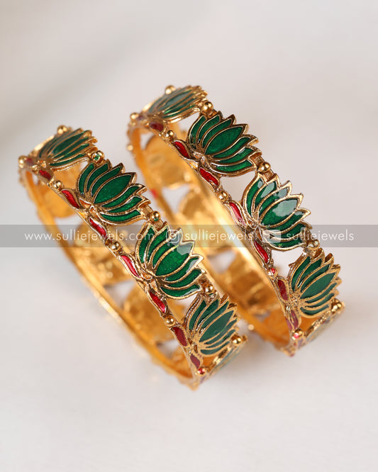 Sullie Basic - Green Lotus Flower Bangle - Set of 2