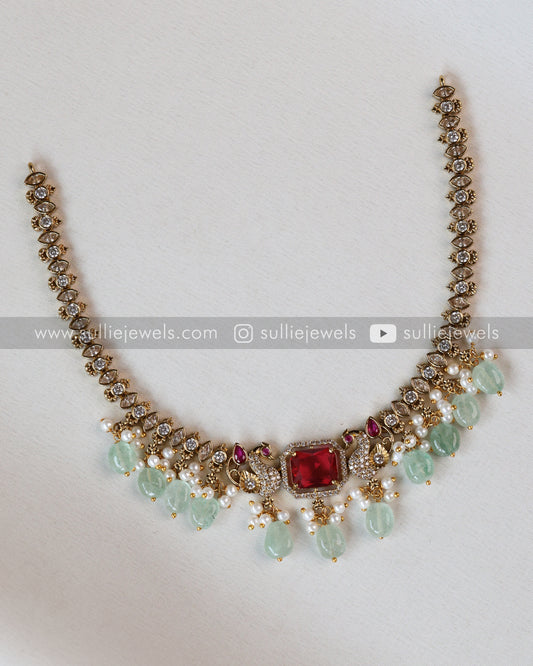 Ruby Peacock Stone Mint Beads Necklace with Jhumka