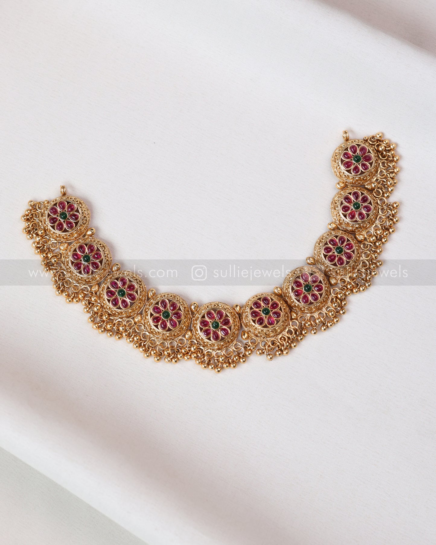 3746 - Gold Beads Ruby Flower Necklace with Stud