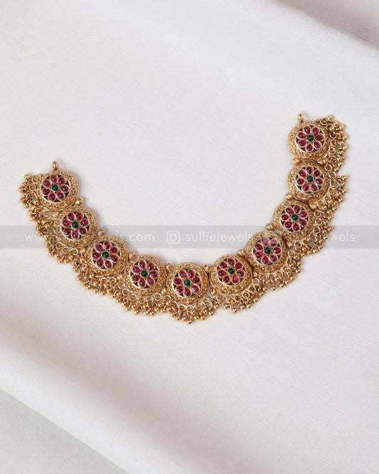 3746 - Gold Beads Ruby Flower Necklace with Stud