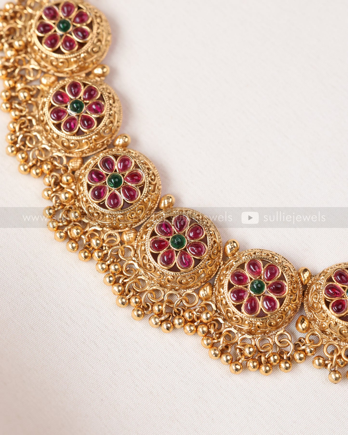 3746 - Gold Beads Ruby Flower Necklace with Stud