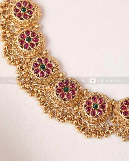 3746 - Gold Beads Ruby Flower Necklace with Stud