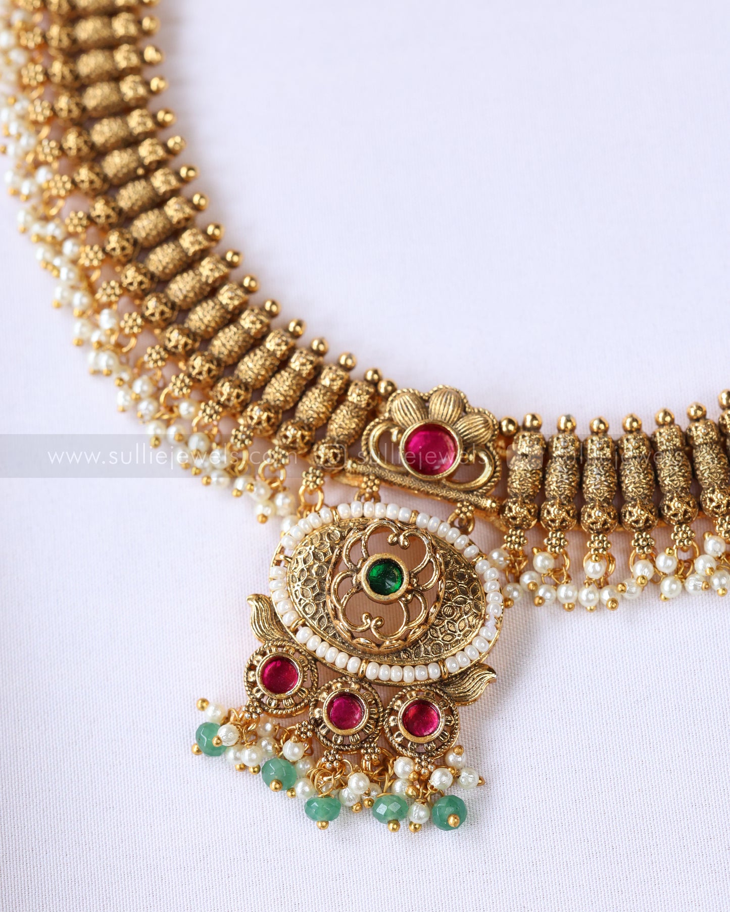 3910 - Gold Tube Design No Idol Mint Beads Necklace with Jhumka
