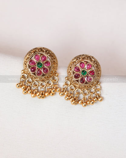 3746 - Gold Beads Ruby Flower Necklace with Stud