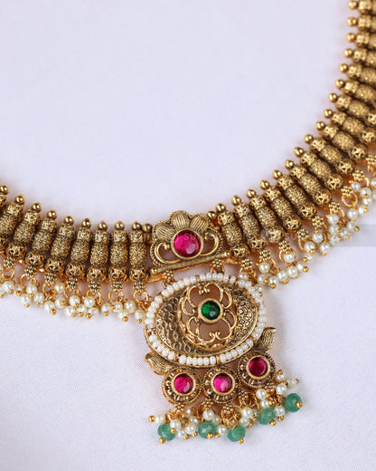 3910 - Gold Tube Design No Idol Mint Beads Necklace with Jhumka