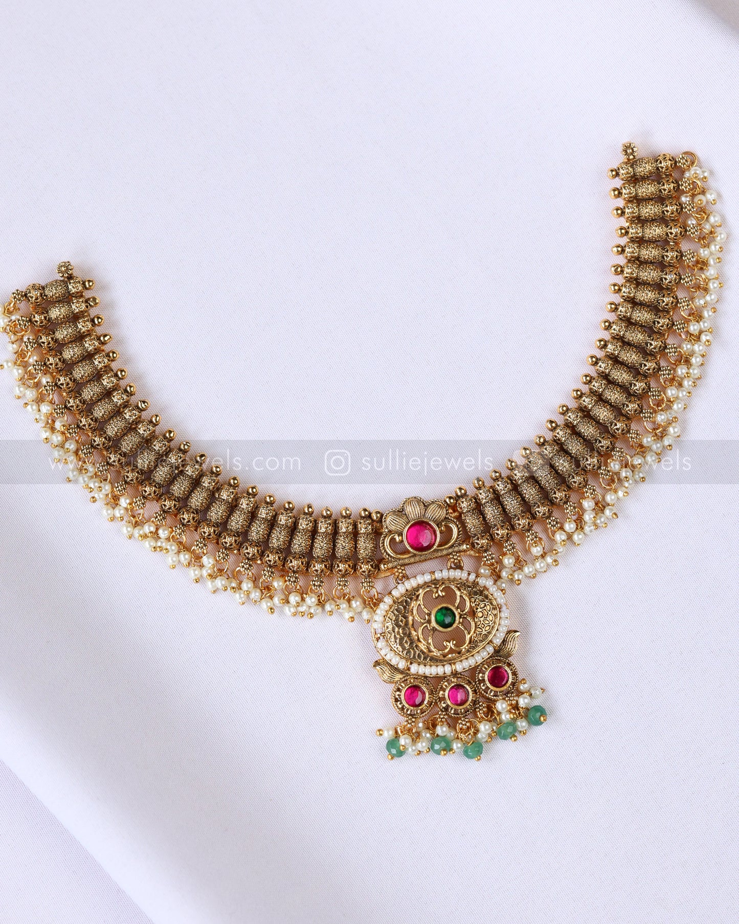 3910 - Gold Tube Design No Idol Mint Beads Necklace with Jhumka