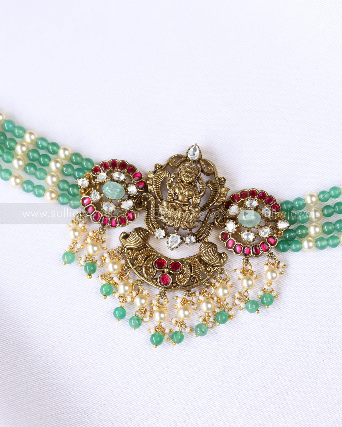 Lakshmi Kemp Antique Gold Premium Choker with - Mint Beads / Green Beads