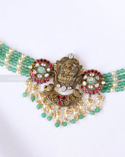 Lakshmi Kemp Antique Gold Premium Choker with - Mint Beads / Green Beads