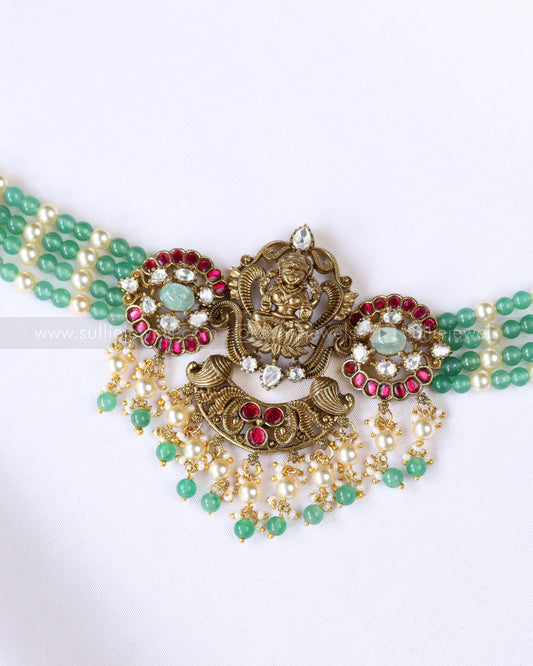 Lakshmi Kemp Antique Gold Premium Choker with - Mint Beads / Green Beads