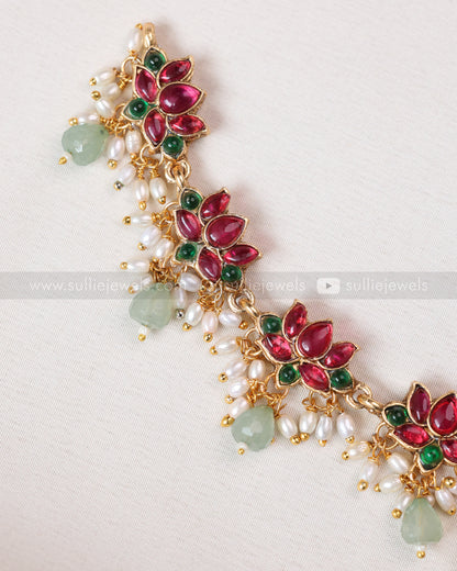 3747 - Sullie Basic - Lakshmi Multicolour Lotus Mint Necklace with Jhumka