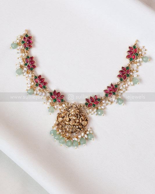 3747 - Sullie Basic - Lakshmi Multicolour Lotus Mint Necklace with Jhumka