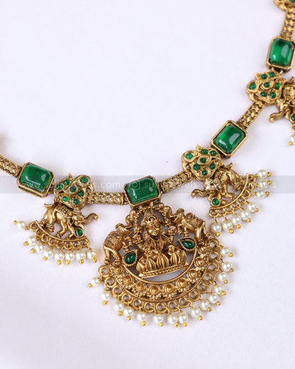 3915 - Sullie Basic Elephant Green Stone Lakshmi Necklace with Earring