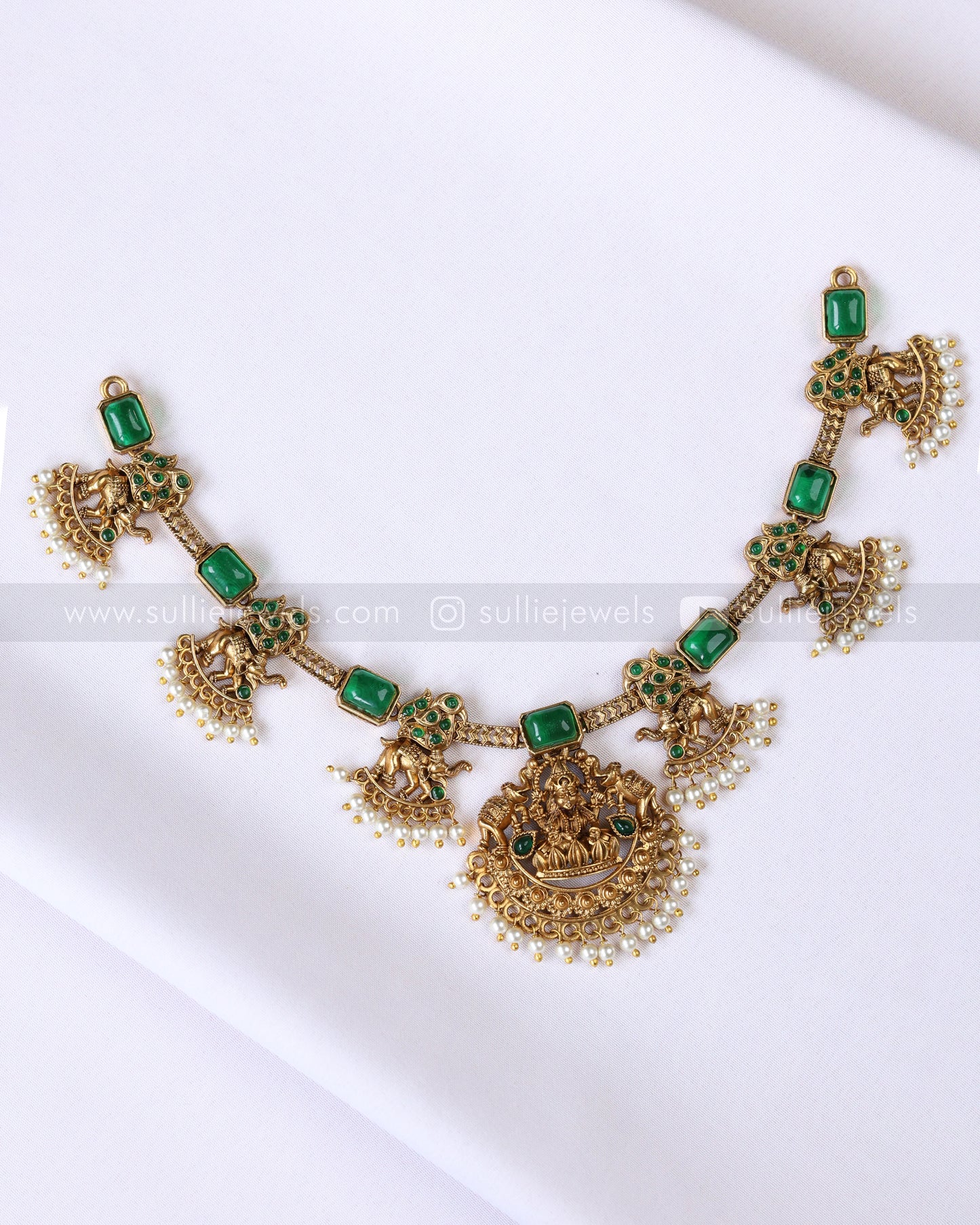 3915 - Sullie Basic Elephant Green Stone Lakshmi Necklace with Earring