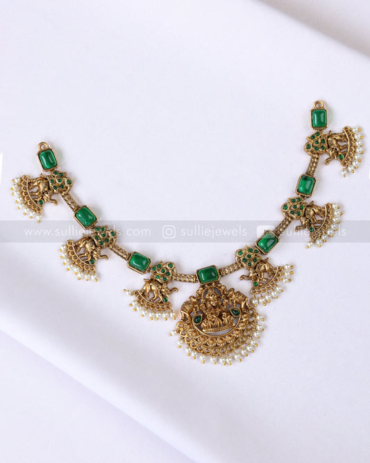 3915 - Sullie Basic Elephant Green Stone Lakshmi Necklace with Earring