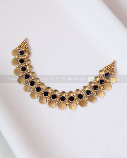 3748 - Sullie Basic - Navy Blue Stone Coin Necklace with Stud