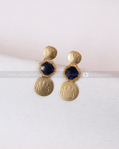 3748 - Sullie Basic - Navy Blue Stone Coin Necklace with Stud
