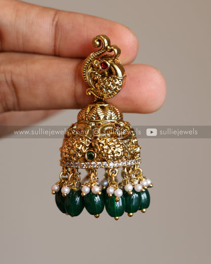 Premium Lakshmi Haram with Jhumka ( Green Beads )