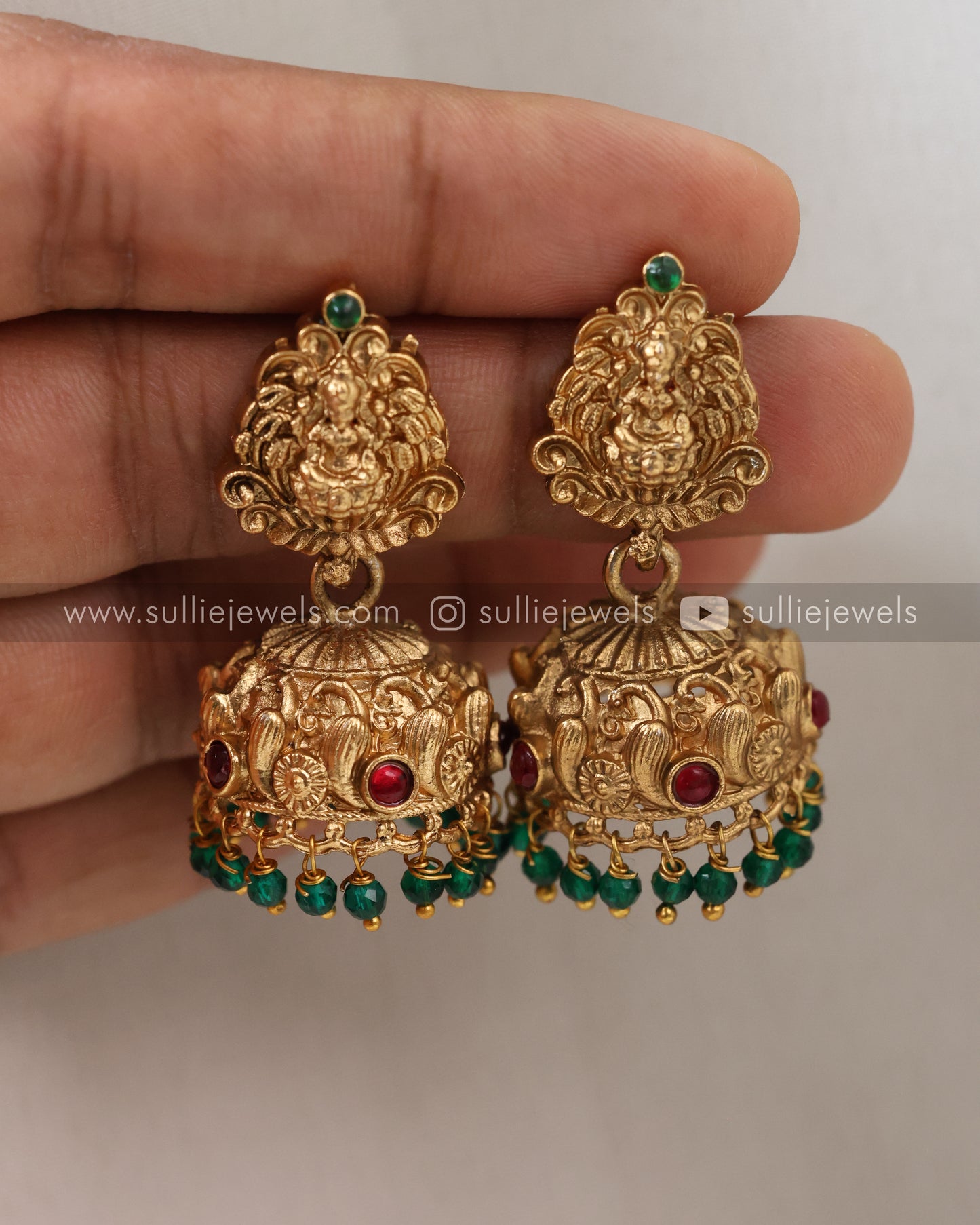 Sullie Basic - Lakshmi Green Beads Long Chain / Haaram with Jhumka
