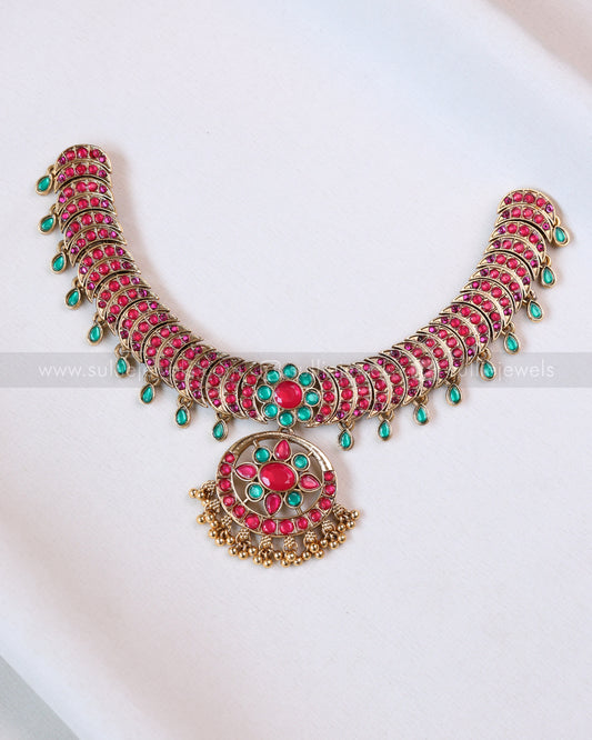 3753 - SUllie Basic - Jadau Replica Pink & Green Blue Stone Designer Necklace with Earring