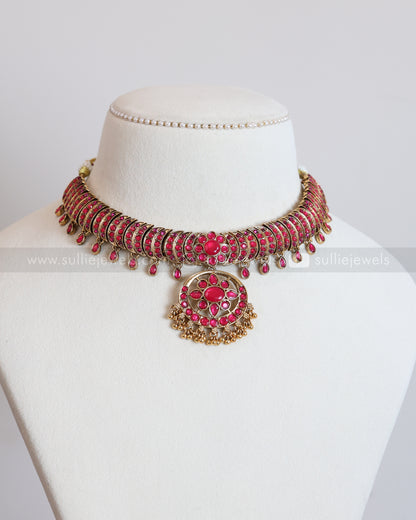 3751 - Sullie Basic - Jadau Replica Pink Stone Designer Necklace with Earring