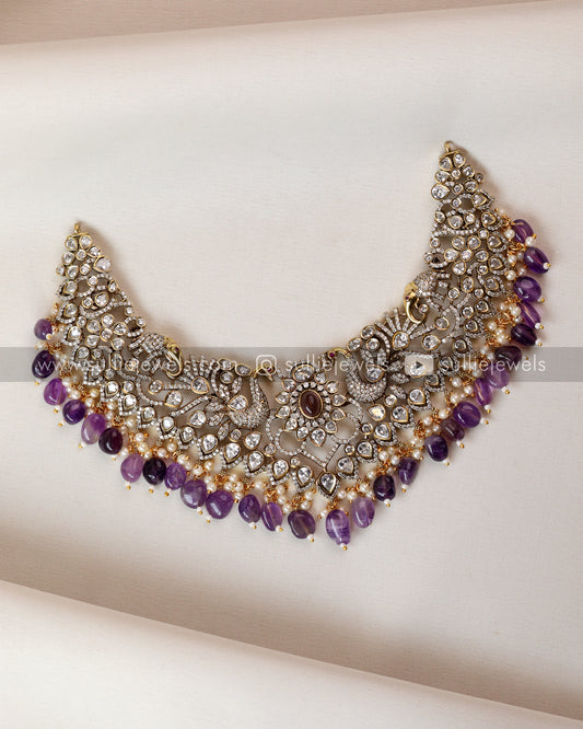 Bridal Stone Necklace Violet Beads with Earring