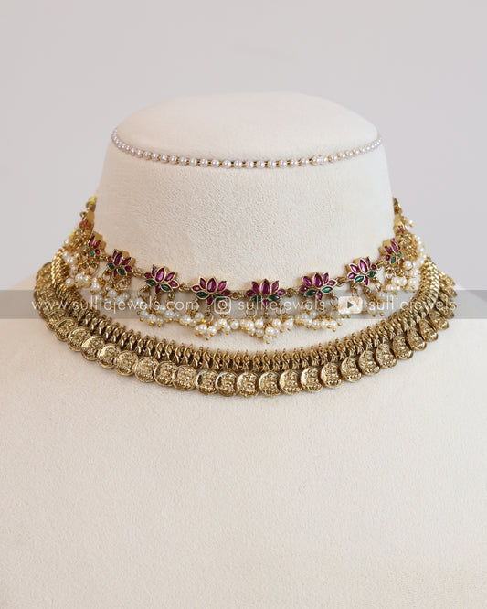 Traditional Coin & Lotus Layered Combo with Earrings