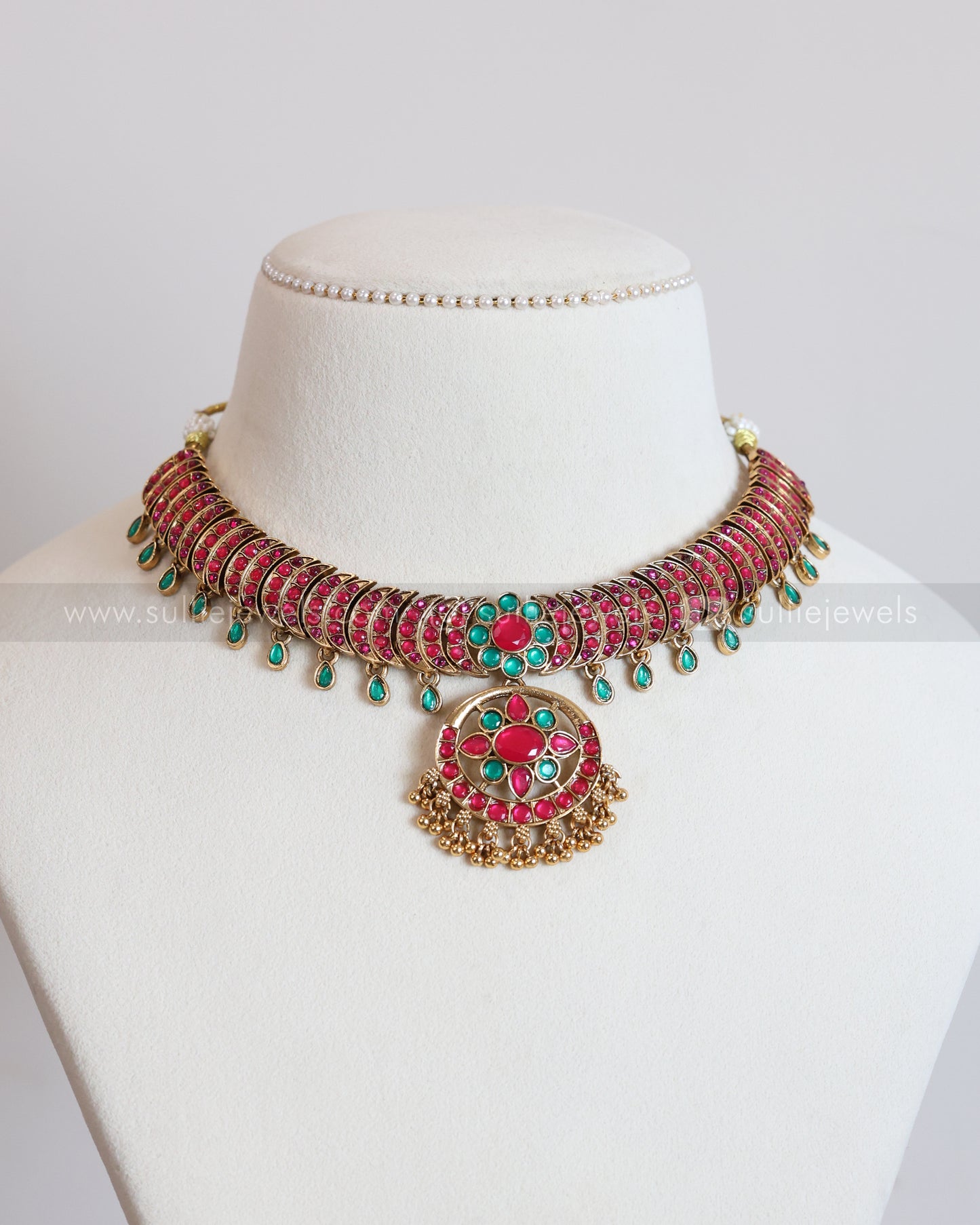 3753 - SUllie Basic - Jadau Replica Pink & Green Blue Stone Designer Necklace with Earring