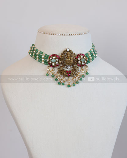 Lakshmi Kemp Antique Gold Premium Choker with - Mint Beads / Green Beads