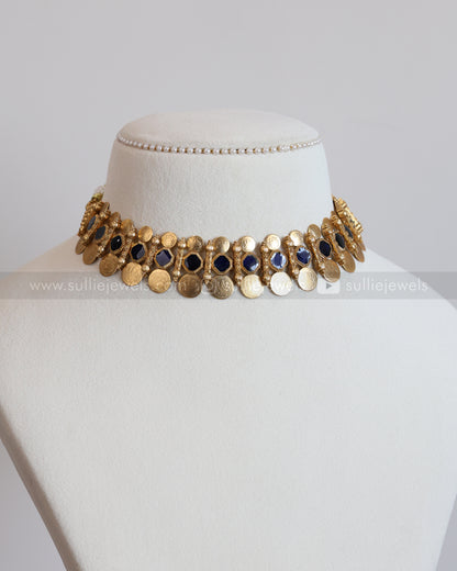 3748 - Sullie Basic - Navy Blue Stone Coin Necklace with Stud