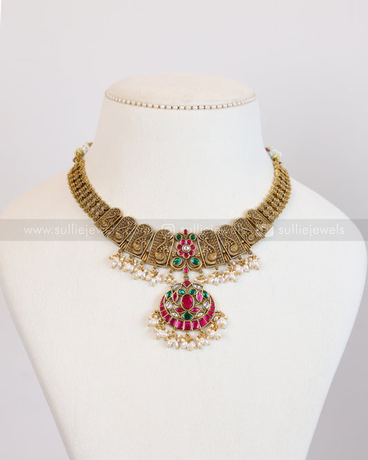 3822 - Premium Jadau Kemp Statement Necklace with Stud