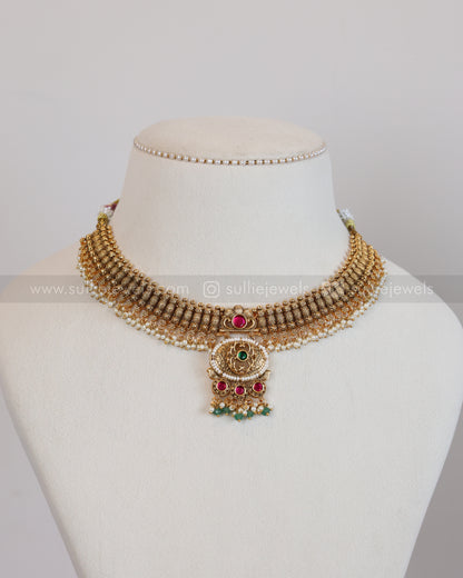 3910 - Gold Tube Design No Idol Mint Beads Necklace with Jhumka