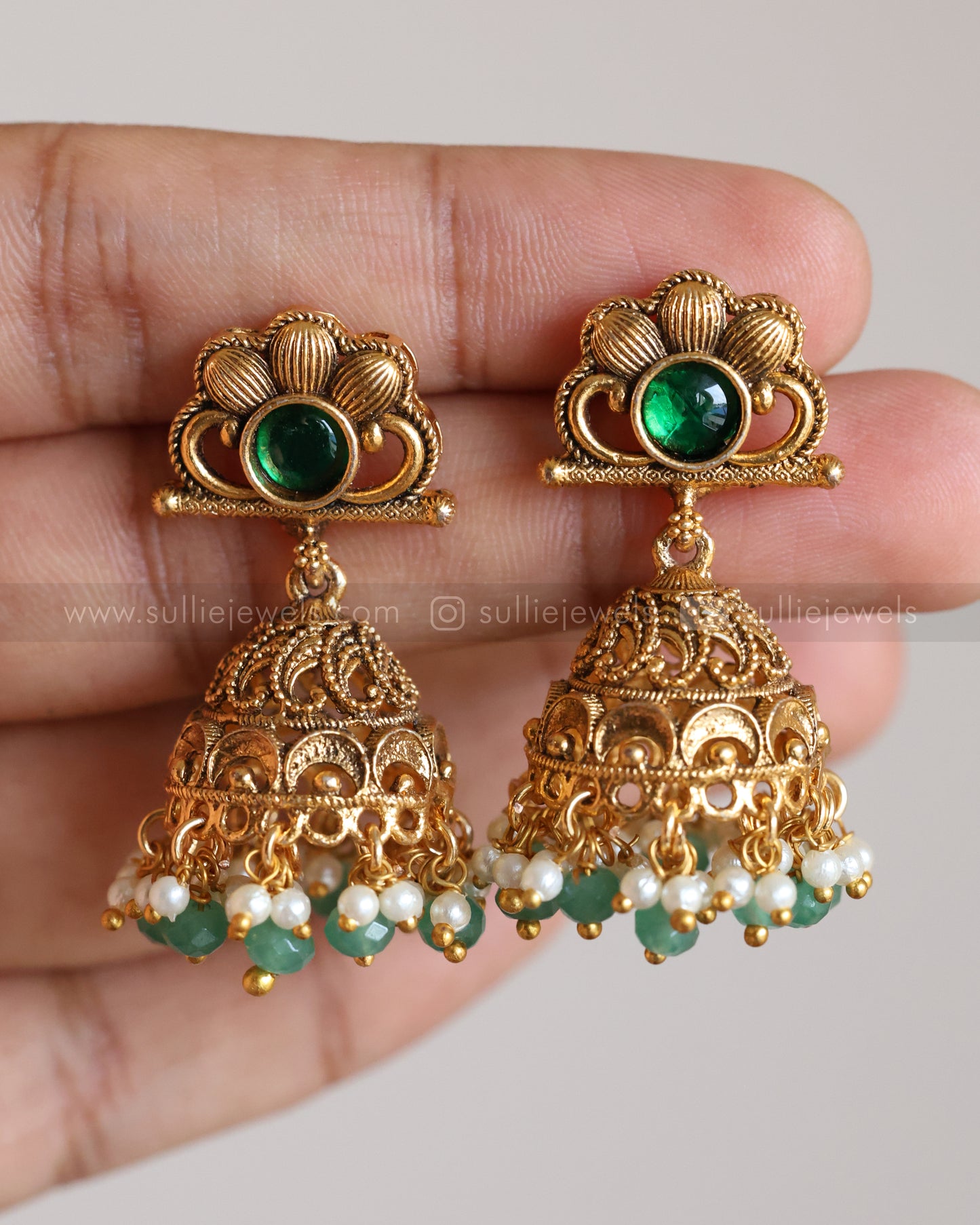 3910 - Gold Tube Design No Idol Mint Beads Necklace with Jhumka