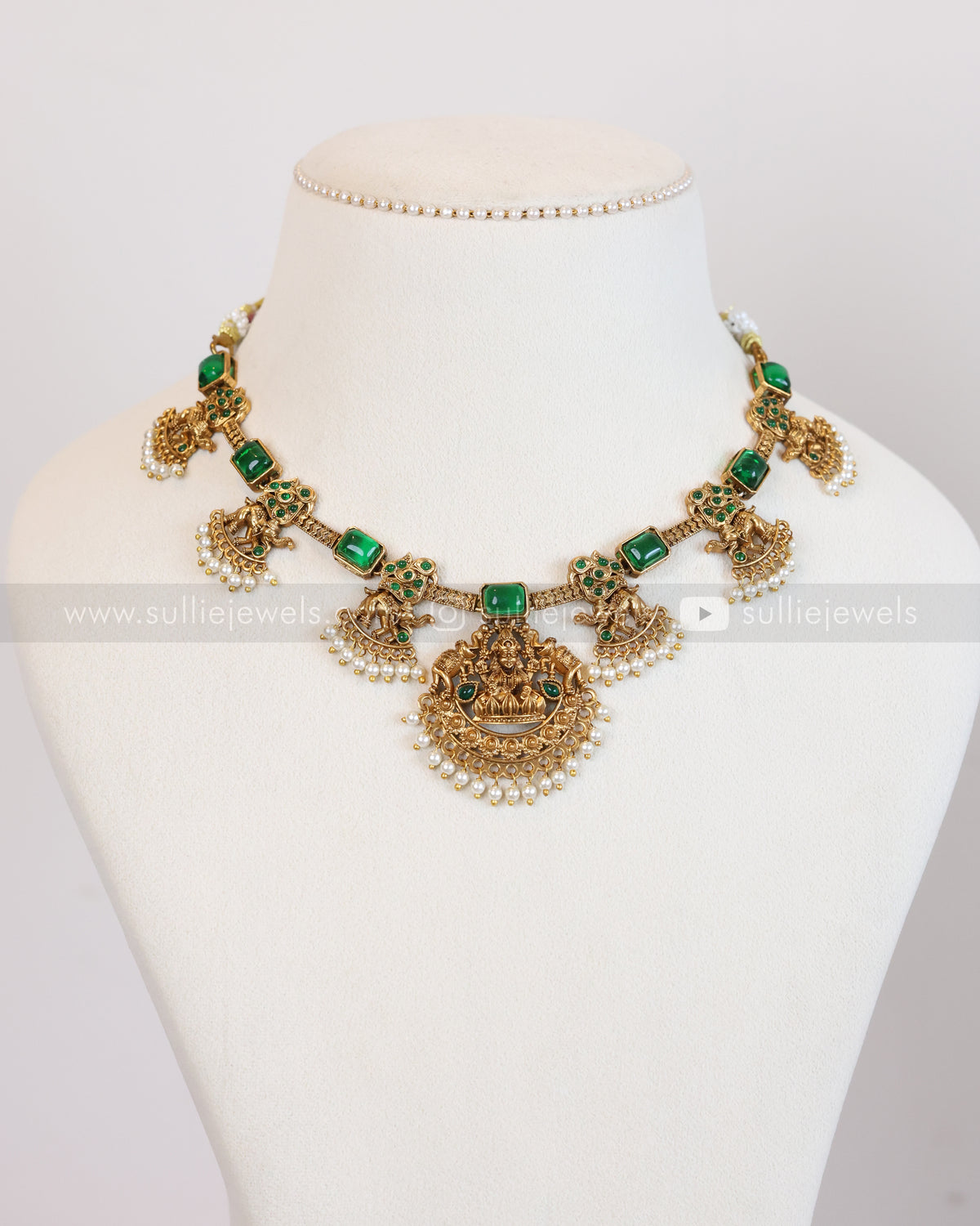 3915 - Sullie Basic Elephant Green Stone Lakshmi Necklace with Earring