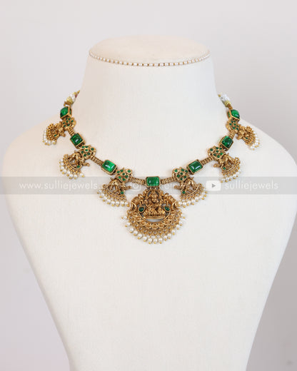 3915 - Sullie Basic Elephant Green Stone Lakshmi Necklace with Earring