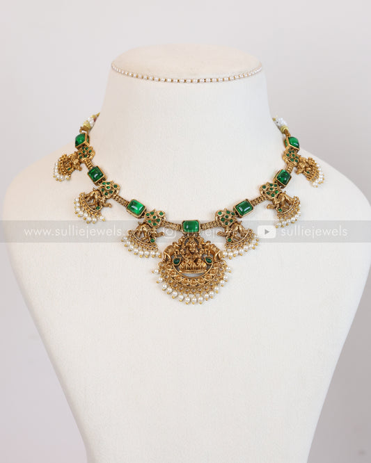 3915 - Sullie Basic Elephant Green Stone Lakshmi Necklace with Earring