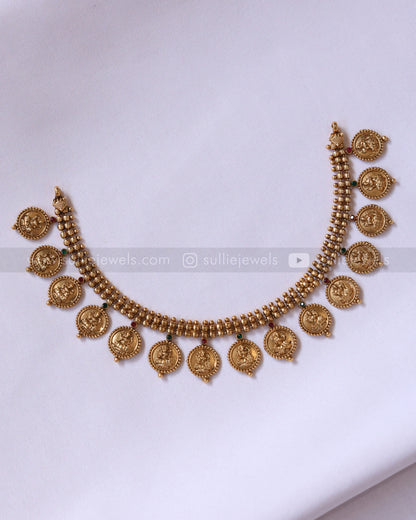 3939 - Gold Beaded Lakshmi Coin Necklace with Stud