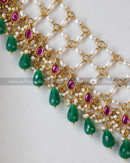 Preorder - Jadau Kemp Premium Pearl Layered Haaram with Green Beads