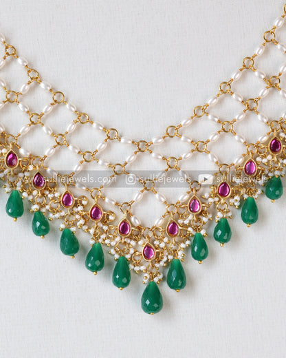Preorder - Jadau Kemp Premium Pearl Layered Haaram with Green Beads