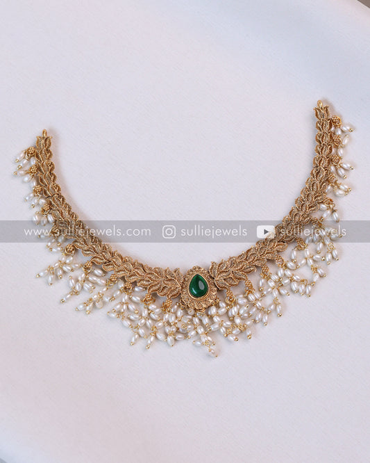 Sullie Basic - Stone Gold Necklace with Pearls & Stud - Green