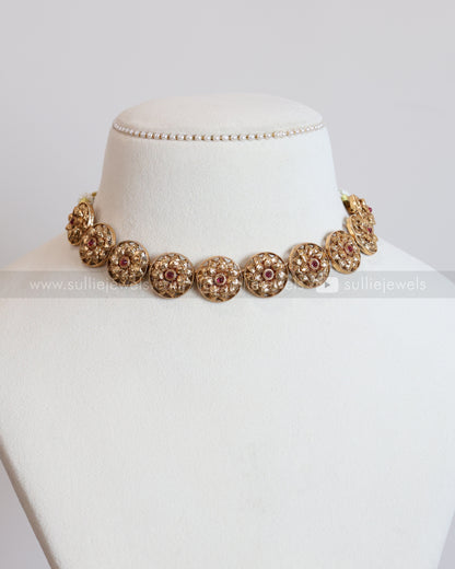 3742 - Sullie Basic - Round Ruby Flower Necklace with Stud