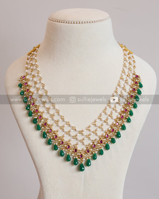 Preorder - Jadau Kemp Premium Pearl Layered Haaram with Green Beads
