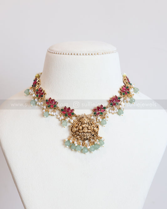 3747 - Sullie Basic - Lakshmi Multicolour Lotus Mint Necklace with Jhumka
