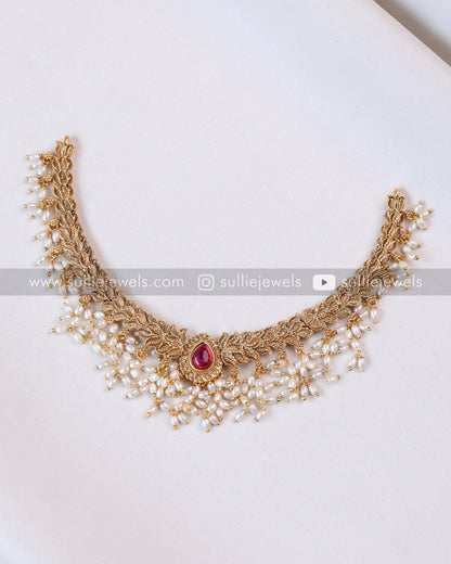 Sullie Basic - Stone Gold Necklace with Pearls & Stud - Ruby