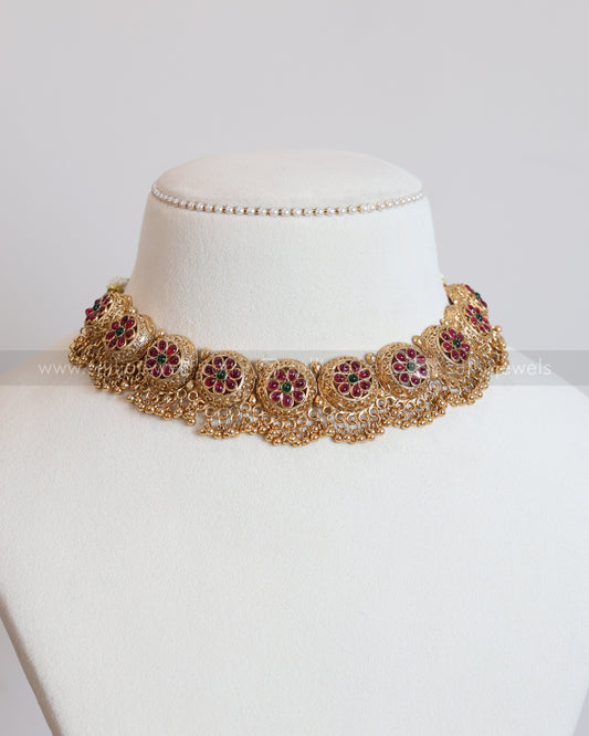 3746 - Gold Beads Ruby Flower Necklace with Stud