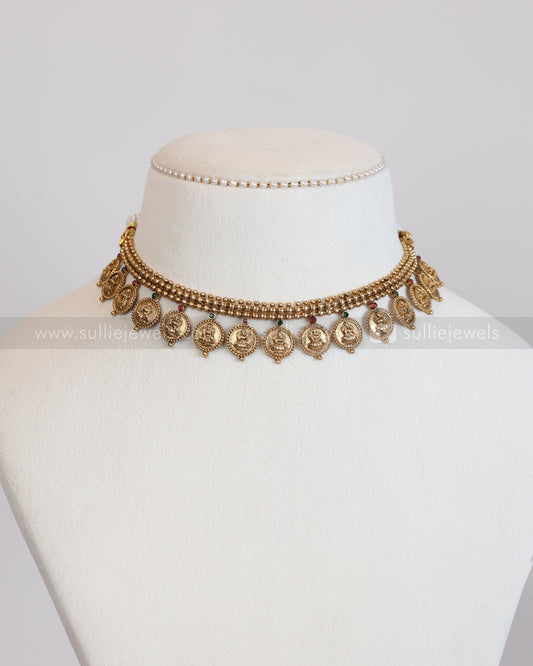 3939 - Gold Beaded Lakshmi Coin Necklace with Stud