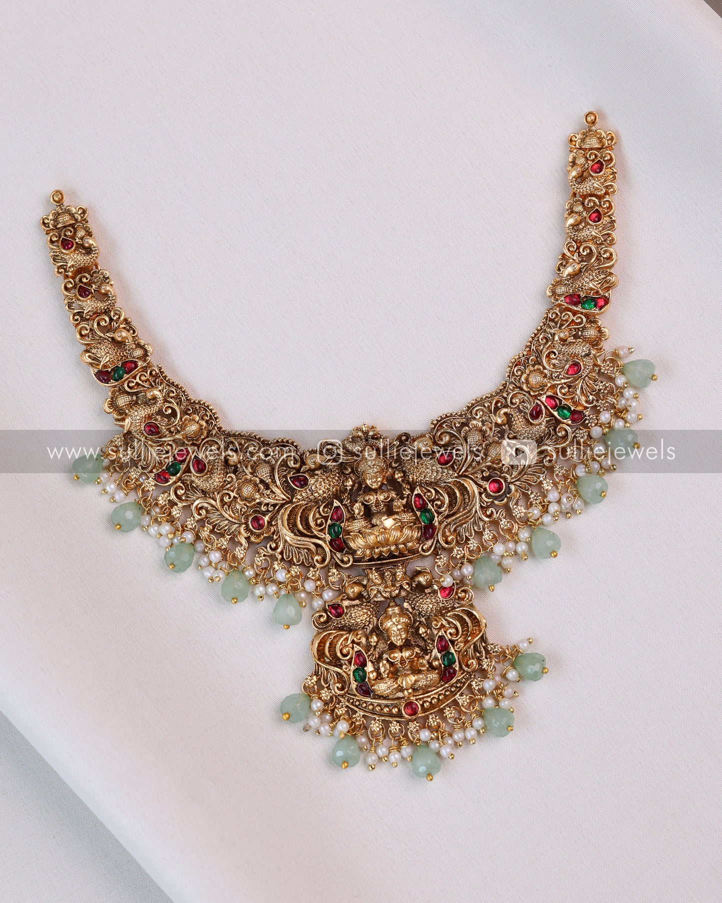 Sullie Basic - Detailed Lakshmi Peacock Necklace with Jumka - Mint Beads