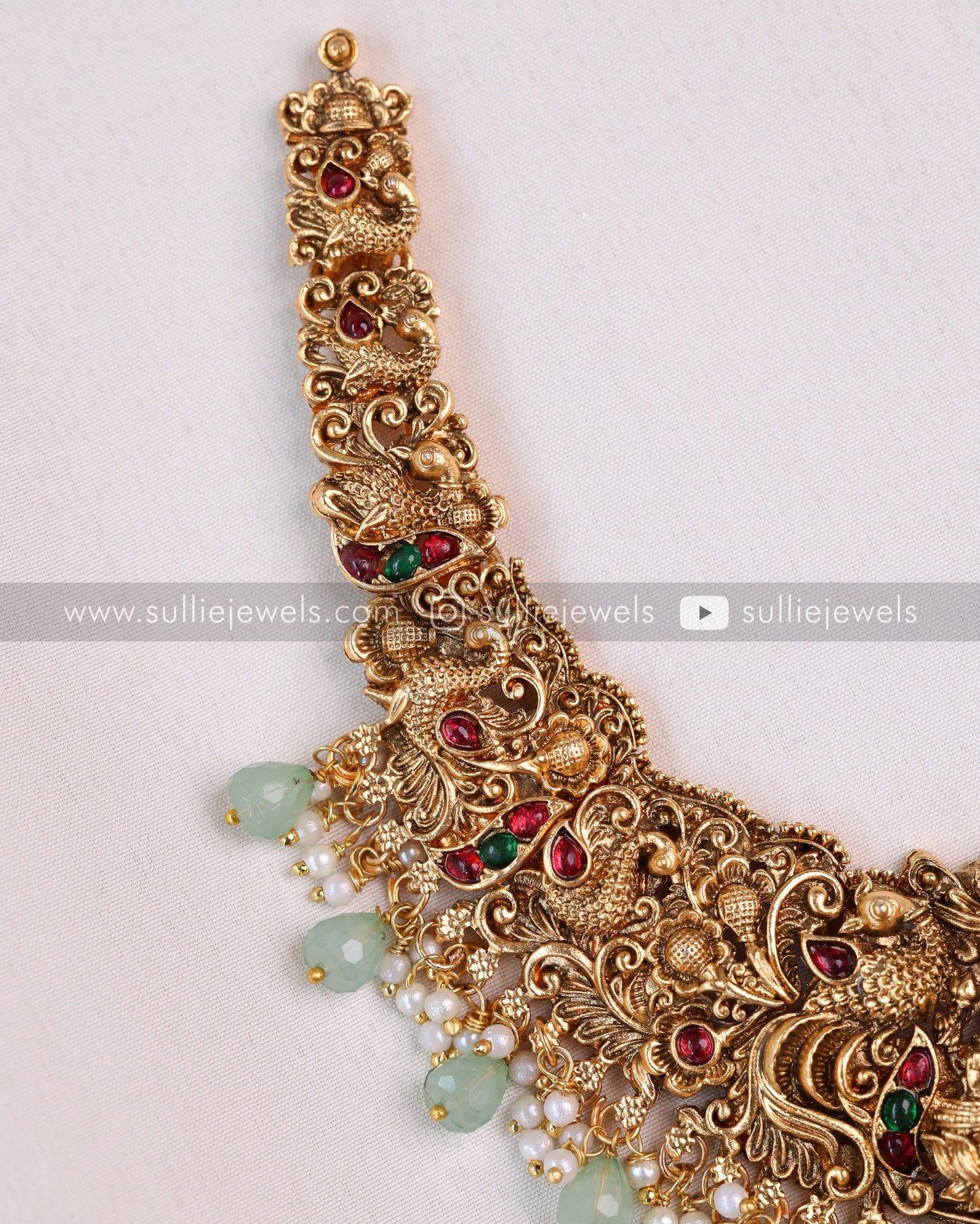 Sullie Basic - Detailed Lakshmi Peacock Necklace with Jumka - Mint Beads