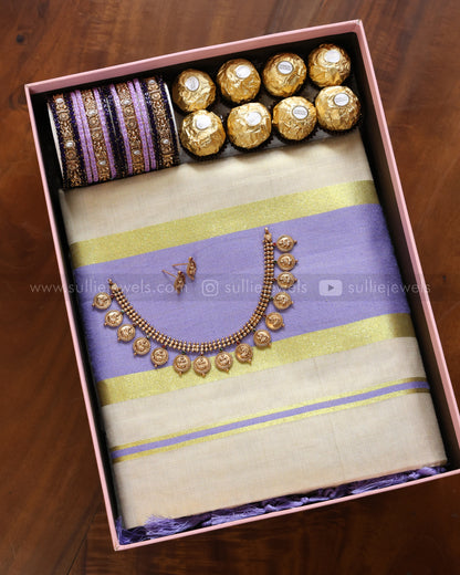 Lavender Onam Gift Hamper - saree, bangle set, necklace with earring & chocolates